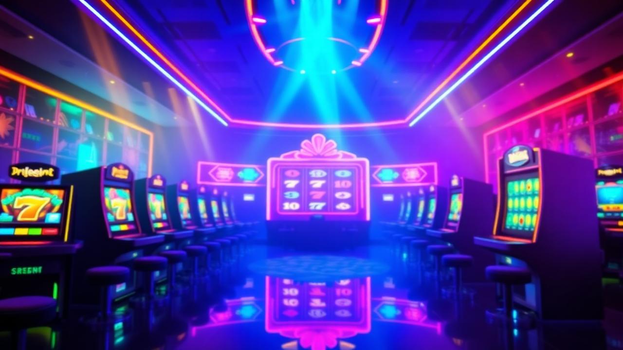 Our SpinBlitz social casino lobby with neon slot reels